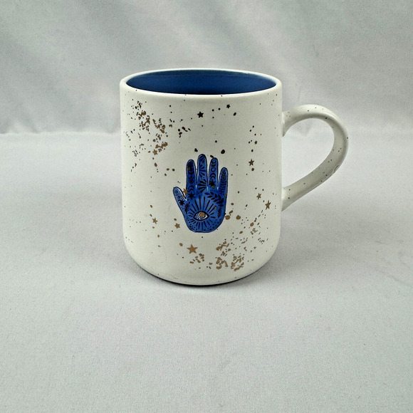 Hamsa Hand Ceramic Coffee Tea Mug 20 oz Blue Hand Gold Colored Stars Evil Eye - Picture 2 of 11